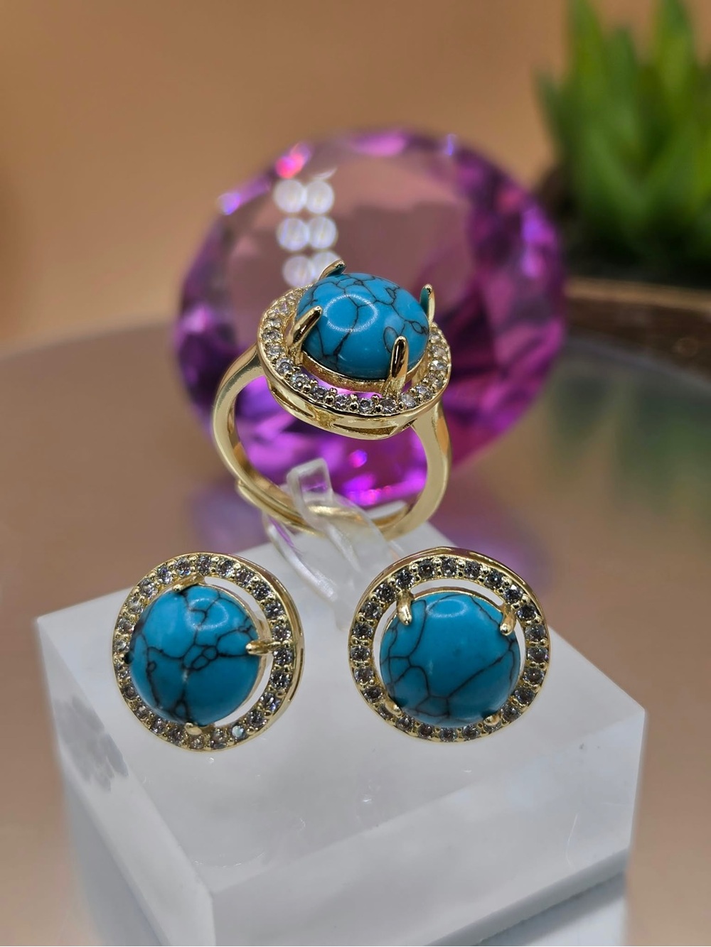 Gold Plated Turquoise Stone Ring and Earring Set
